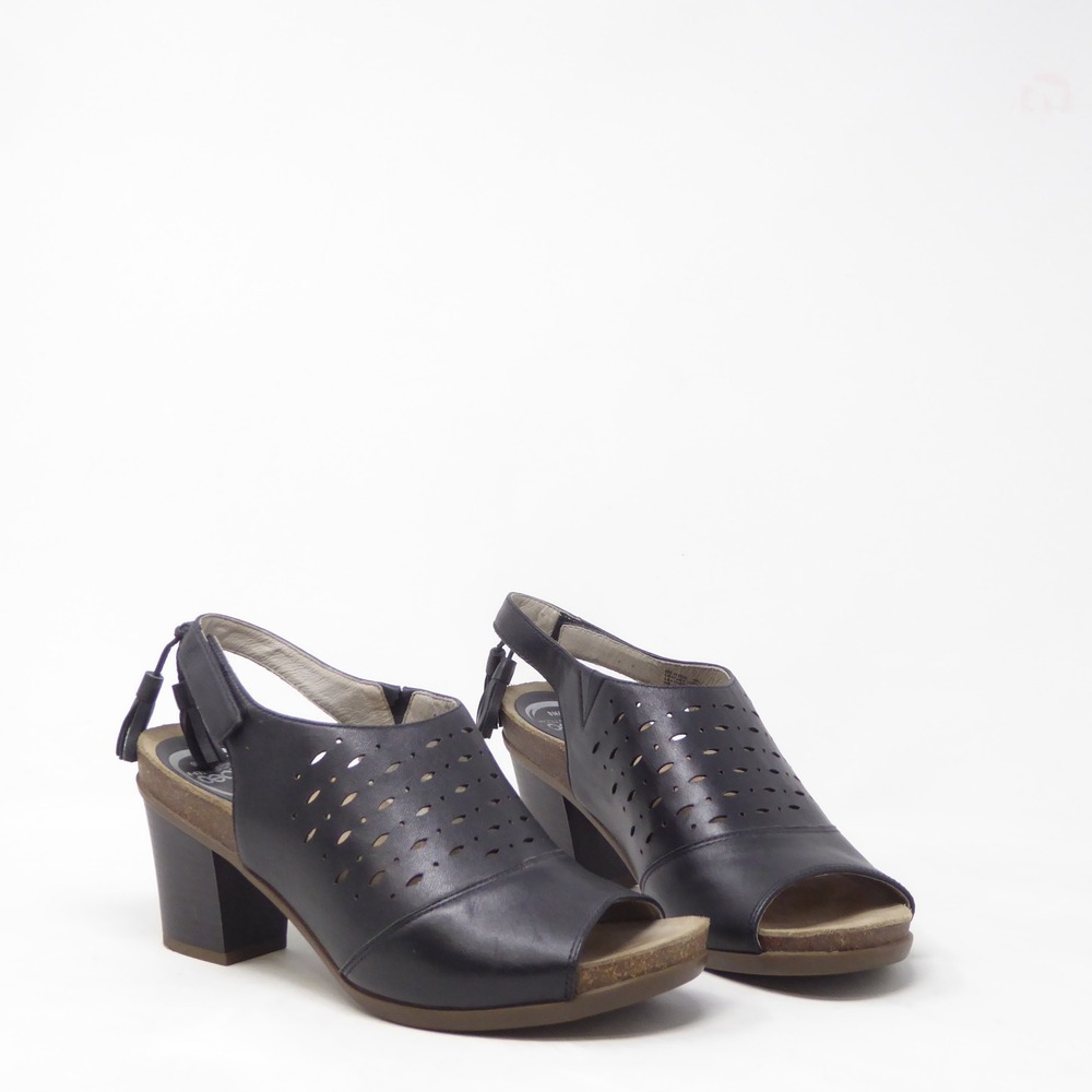 Abeo Women Berrie Sandals Black Leather Perforated Tassel Block Heel 8N